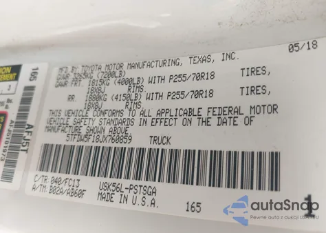 2018 Toyota Tundra Sr5 5.7L V8 from USA, damaged, VIN 5TFDW5F18JX760859